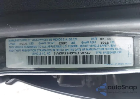 2000 Volkswagen Jetta Gls Tdi из США, поврежденный, VIN 3VWSF29M3YM150747